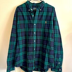 Ralph Lauren Slim Fit Plaid Shirt Size XXL Cottage Core Navy/Green Classic Sleek